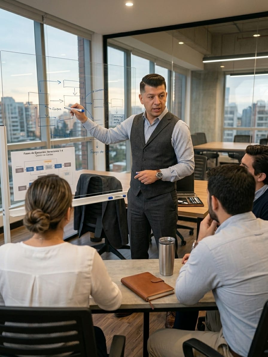 Facilitación de una revisión de procesos con un equipo en una sala de trabajo